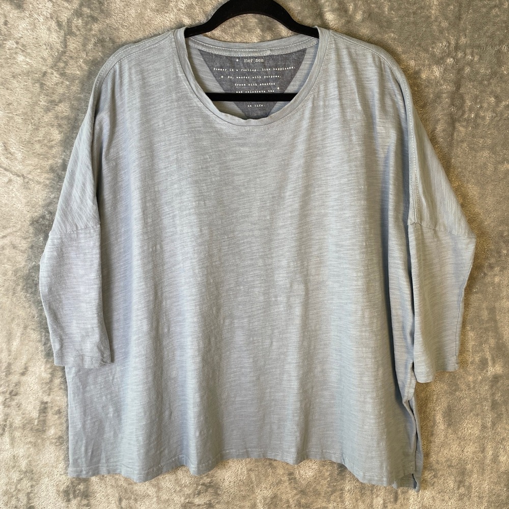 Mer-Sea Slub Cotton Top Womens OS Blue Very Good Oversized 3/4 Sleeve Boxy Tee
